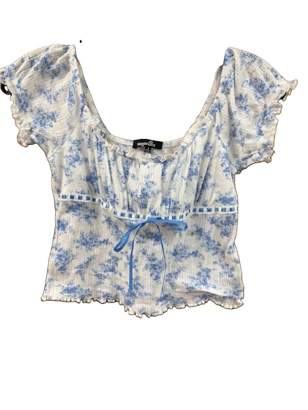 Y2K Peasant Crop Top Size Small NWOT lace bow ruffled edge